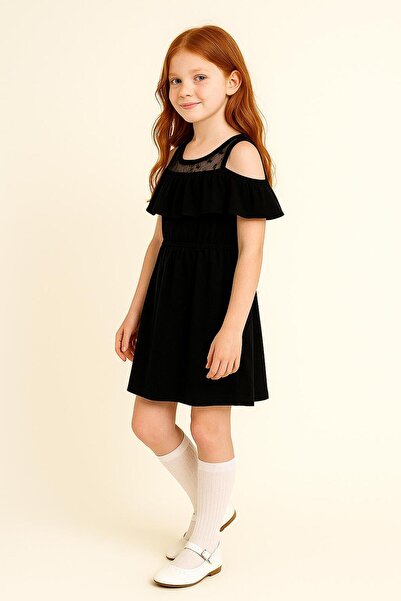 Perendi Κοριτσίστικο βολάν δαντέλα Λεπτομερές βαμβακερό μαύρο φόρεμα