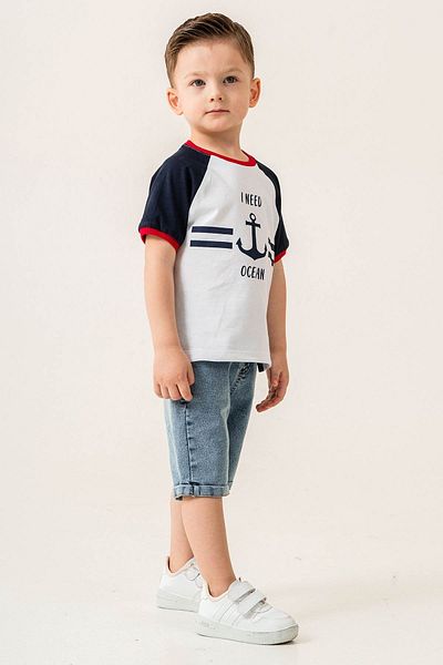 Gold Class Kidswear Anchor Printed Elastic Sleeve 2 Piece Denim Boy Shorts Suit