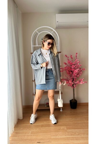 fidoş Kadın Gömlek Oversize Gri Zr Model