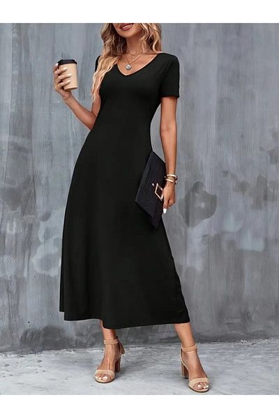 modaserdem Women's Short Sleeve V-Neck Viscose Dress with Pockets
