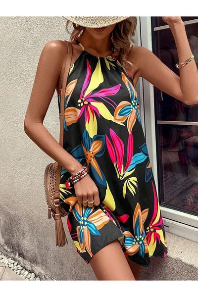 modaserdem Women's off-the-shoulder floral print halter neck supreme dress