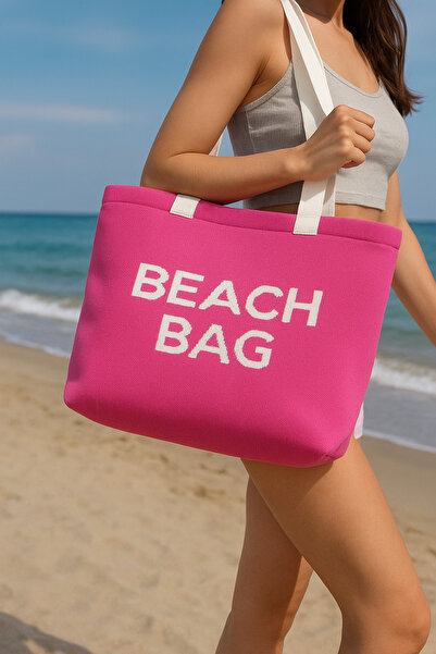 Sebir Moda Beach Bag Yazılı Triko Plaj Çantası