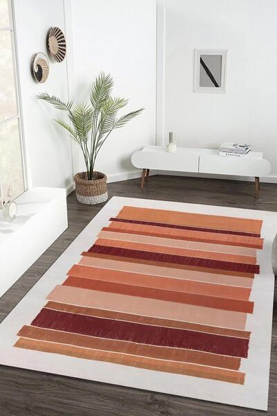 Markaev Turuncu Ton Pastel Vuruşlu Desen Dijital Baskılı Kaymaz Zenit Halı ZNTKLM