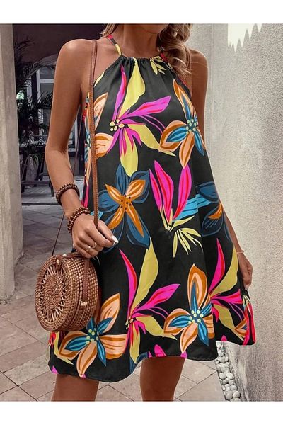 modaserdem Women's off-the-shoulder floral print halter neck supreme dress
