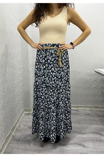 520CK Women's Blue Floral Patterned Long Skirt with Elastic Waist