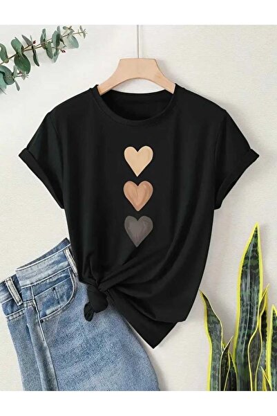 TekTarzz Unisex Kalp Desenli Baskılı Pamuklu Tshirt