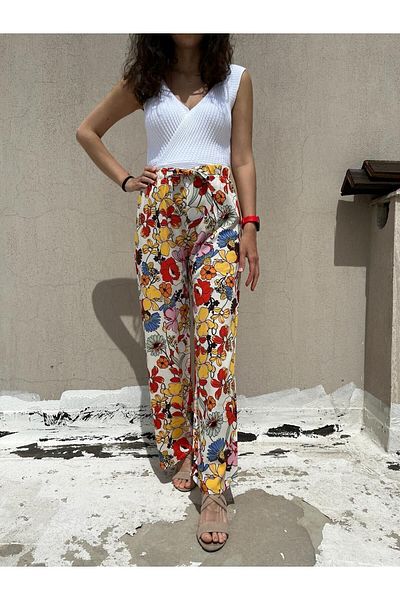 520CK Floral Patterned Wide Leg Viscose Women's Summer Trousers - Plaszo