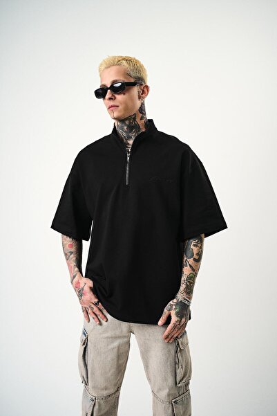 Respire Ανδρικό μπλουζάκι Be Kind με κέντημα με μισό φερμουάρ Oversize Μαύρο