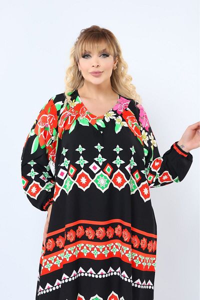 mervemoda Women's Plus Size Printed Summer Woven Long Sleeve Long Length Dress