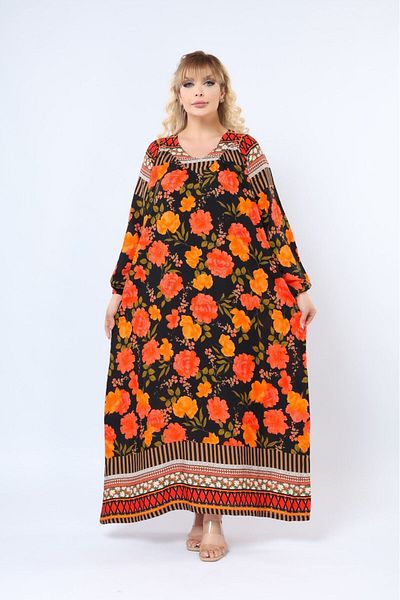 mervemoda Women's Large Size Patterned Summer Woven Long Sleeve Long Length Dress