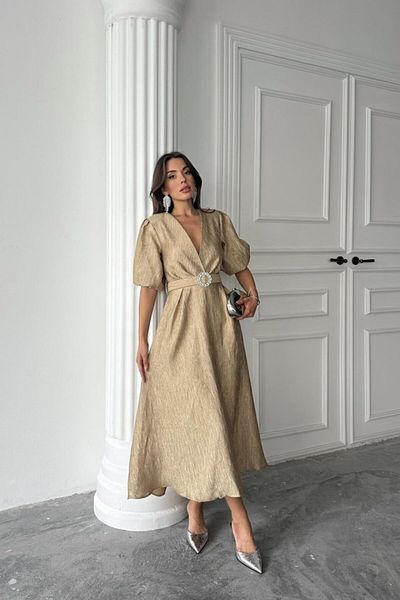 gelirr Gold Sparkling Belted Double Breasted Dress
