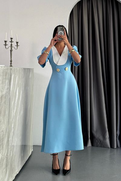MODAVERA Design Dress Jacket Collar Gold Button Detail Short Sleeve - Blue