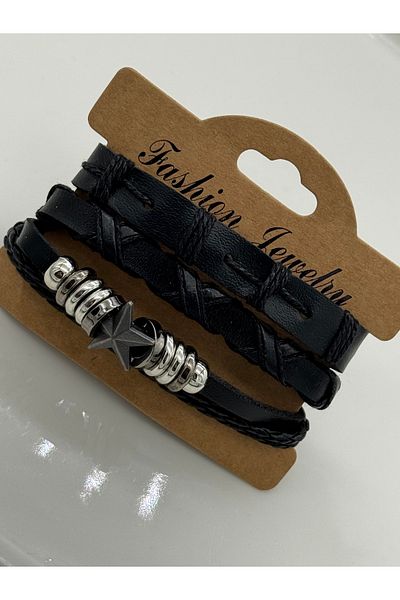 CT STONES Black Leather Multi Men's Bracelet Set