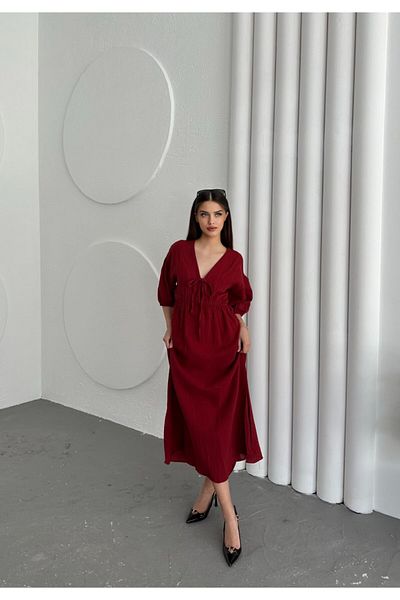 BYKUZEYARAS Rochie Liva de sezon pentru femei, cu decolteu în V, cu detaliu cu șnur - Potrivire confortabilă