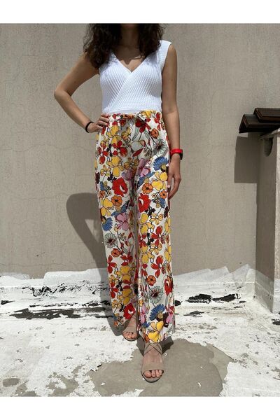 520CK Floral Patterned Wide Leg Viscose Women's Summer Trousers - Plaszo