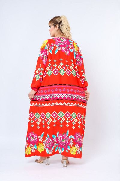 mervemoda Women's Plus Size Printed Summer Woven Long Sleeve Long Length Dress