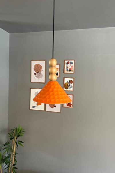 Bamyum Rumy Turuncu Tekli Avize Ahşap Üçlü Boncuk Başlık Sarkıt Ofis Showroom Salon Mutfak Avizeleri