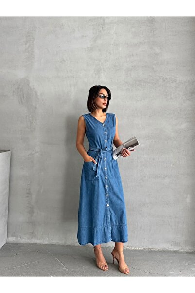 Miss Prova Μακρύ τζιν φόρεμα με κουμπιά και λεπτομέρεια τσέπης MISSEL8999