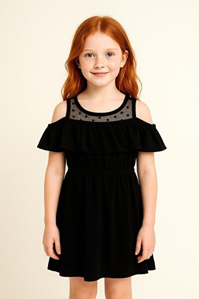 Perendi Κοριτσίστικο βολάν δαντέλα Λεπτομερές βαμβακερό μαύρο φόρεμα