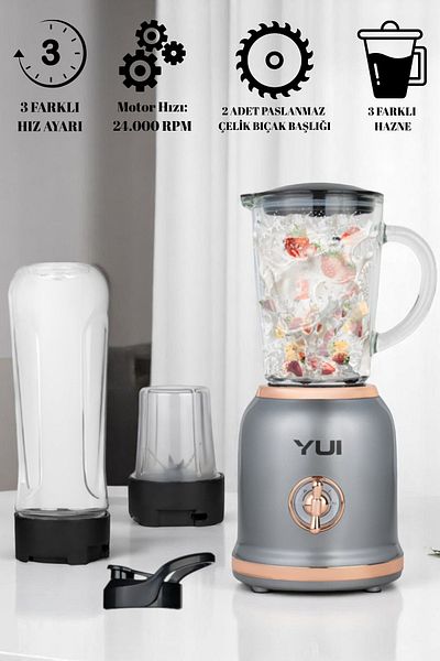 Yui Personal Blender Set - M18 (450 ml Glass Jar with Handle, 600 ml Smoothie Cup, 180 ml Coffee Grinder)