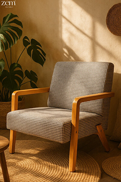 Zem Bahama Bohem Ahşap Berjer, Kahverengi Kazayağı Desenli