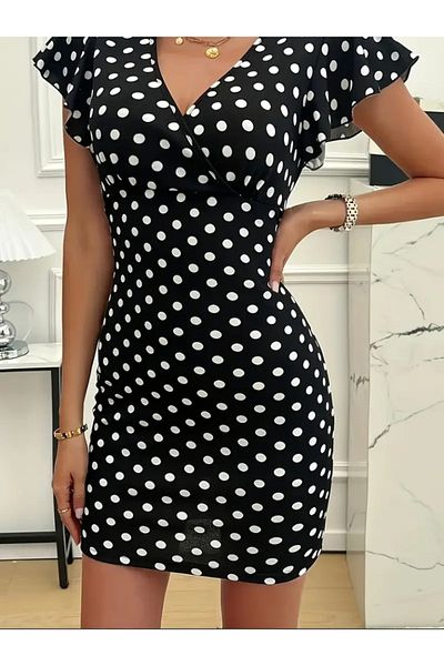 modaserdem Women's Short Sleeve Double Breasted Collar Knitted Polka Dot Crepe Dress