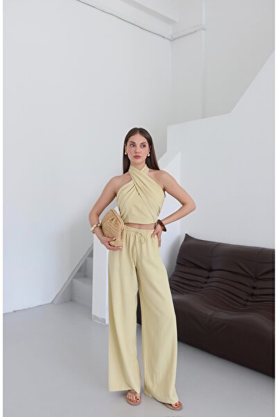 Laluvia Sárga kötőfék nyakú Bustier nadrág szett - 30352