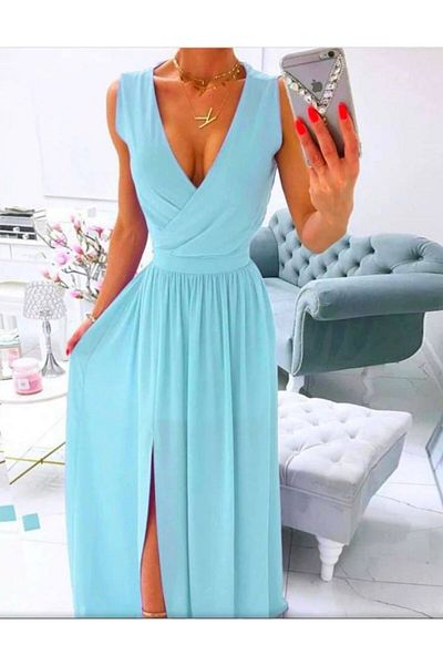 modaserdem Women's Chiffon Fabric V-Neck Zero Sleeve Maxi Length Dress