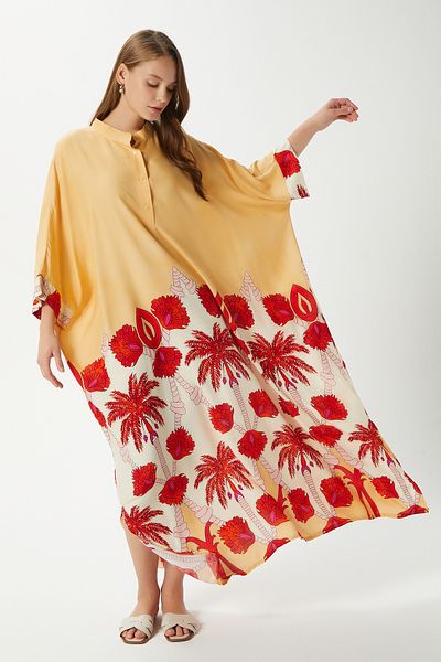 Ritnice Modest Women's Hawaiian 100% Viscose Maxi Length Yellow Coral Long Summer Dress