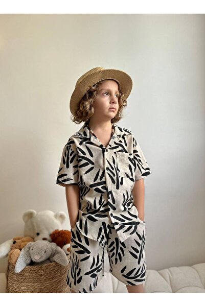 MİNİKO KİDS Boy's Palm Patterned Linen Cotton Shorts Suit with Pocket Detail