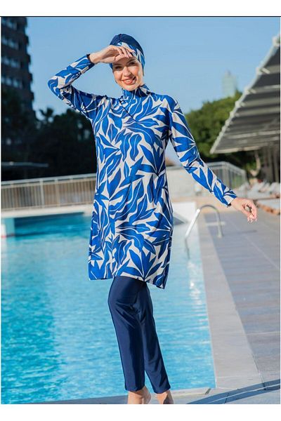 tusem butik homewear Women's Swimsuit Full Hijab Quick Drying Closed Blue Patterned with Kaftan Bonnet 5 Piece Suit