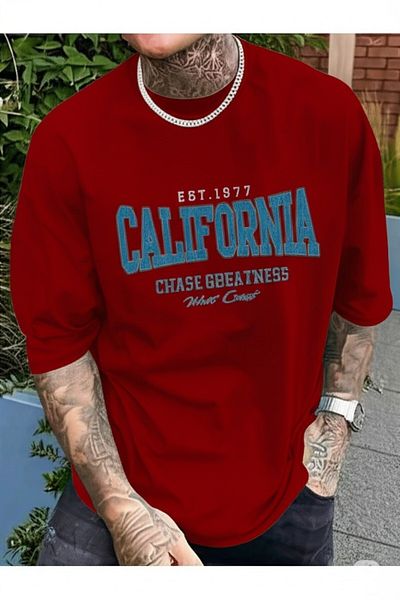 NO 601 Men's Red Est1977 California Print Oversize Tshirt