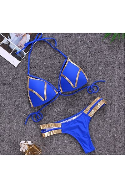 FashionForYou Costum de baie din două piese, albastru regal cu elemente aurii, mărime S