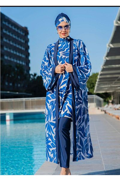 tusem butik homewear Women's Swimsuit Full Hijab Quick Drying Closed Blue Patterned with Kaftan Bonnet 5 Piece Suit