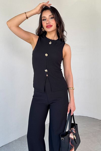 Cappmoda TKM-13289 Μαύρο χρυσό κουμπί Λεπτομερής μπλούζα ελαστικό παντελόνι καμιζόλ Σετ δύο τεμαχίων