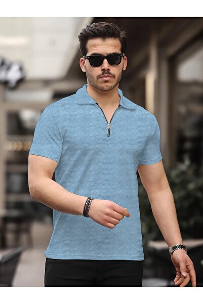 caddekombin David Men's Zippered Polo Neck Cotton Fabric Blue Short Sleeve T-...