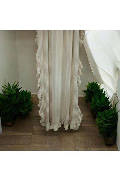 MZN Home 3 Edge Ruffled Milk Coffee Stripe Patterned Linen Curtain (En X Size) - Pleated - Lacing Gift
