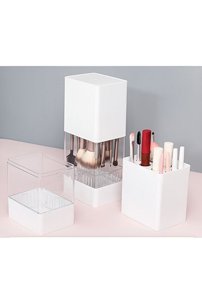 OEM Holder for 12 makeup brushes, with lid, plastic, White, 24.5 x 10.8 x 8.3 cm