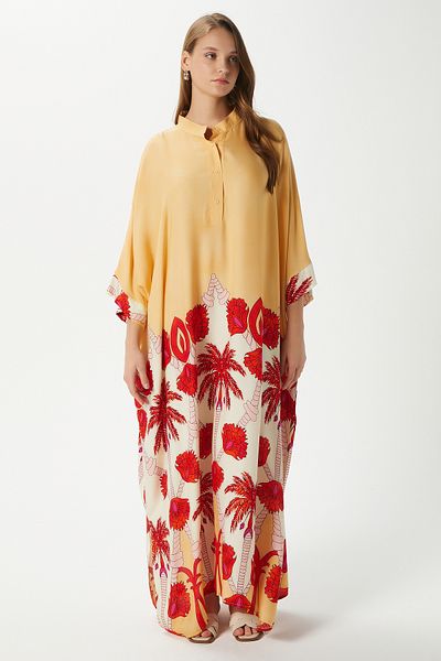 Ritnice Modest Women's Hawaiian 100% Viscose Maxi Length Yellow Coral Long Summer Dress