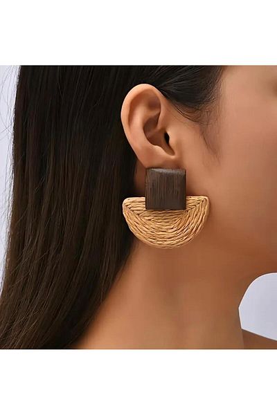 Burroe Atalier Vintage Wood and Woven Rattan Stud Earrings