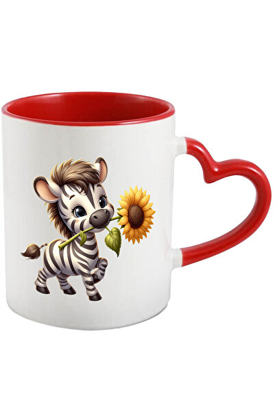 StoryGift Romania Cana Cu O Zebra Care Tine O Floare | Floarea-soarelui | Ilustratie | Animal Salb, Cu Maner Inim Stg