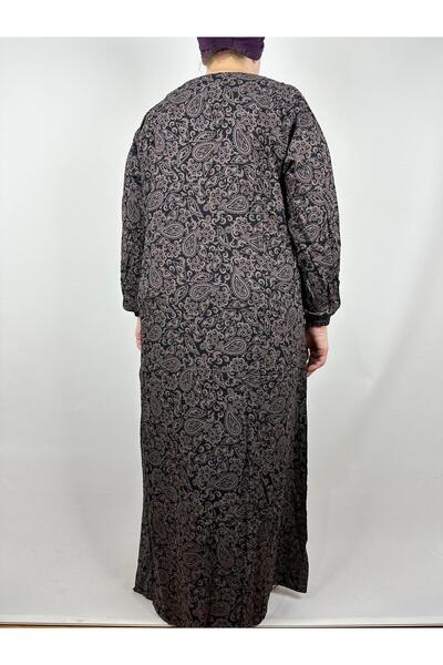 YAŞAR TRİKO Γυναικείο καφέ πεντάγωνο γιακά μακρυμάνικο μανίκι καρπό ελαστικό καλοκαιρινό μακρύ φόρεμα βισκόζης 2 εκ. προσελκύει το νερό