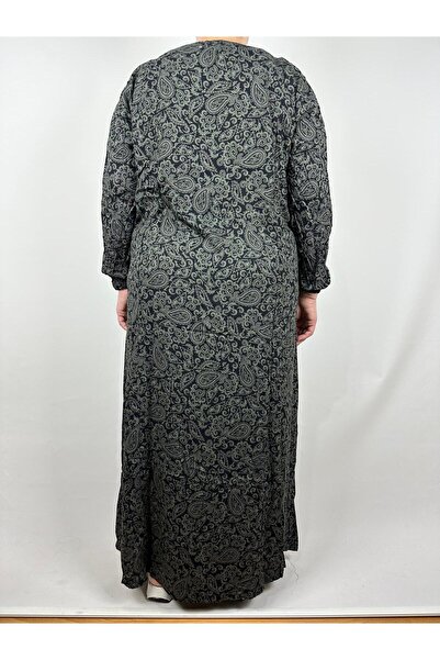 YAŞAR TRİKO Γυναικείο πράσινο πεντάγωνο γιακά μακρυμάνικο μανίκι καρπό ελαστικό καλοκαιρινό μακρύ φόρεμα βισκόζης 2 εκ. προσελκύει το νερό