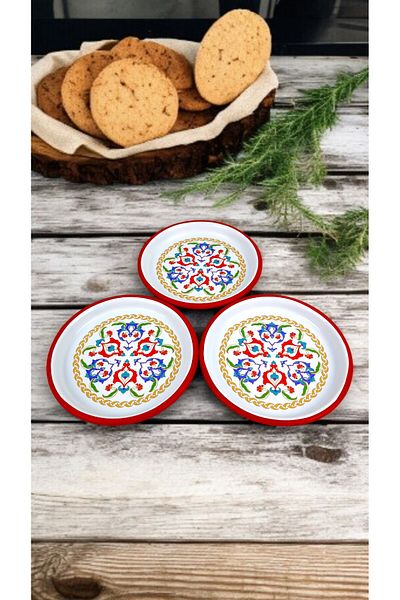 İnci Emaye 16 cm 3 Piece Enamel Plate Single Coffee Plate, Serving Plate Snack Plate, Gift,