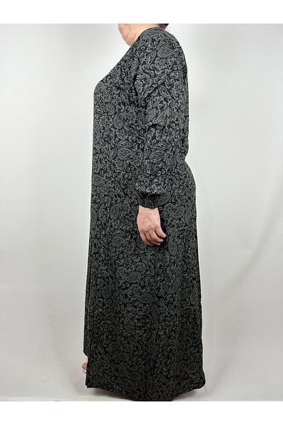 YAŞAR TRİKO Women's Green Pentagonal Collar Long Sleeve Sleeve Ankle Elastic Summer Viscose Long Dress 2 cm Water Pulls
