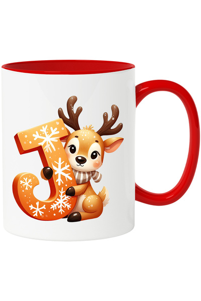 StoryGift Romania Cana Cu Un Ren Care Tine Litera "j" | Ilustratie | Fericire | Pentru Copii | Ele, Cu Maner Rosu Stg