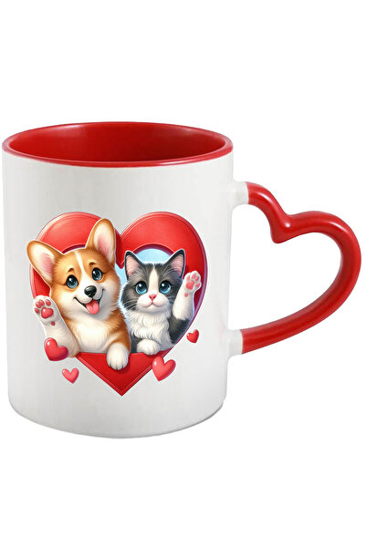 StoryGift Romania Cana Cu O Pisicuta Si Un Catel | Ilustratie | Fac Cu Mana | Rama In Forma De Ini, Cu Maner Inim Stg