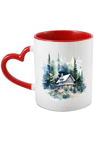 StoryGift Romania Cana cu o casa in mijlocul padurii, ilustratie, peisaj, brazi, natura, loc retra, Cu Maner Inim STG