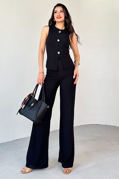 Cappmoda TKM-13289 Μαύρο χρυσό κουμπί Λεπτομερής μπλούζα ελαστικό παντελόνι καμιζόλ Σετ δύο τεμαχίων