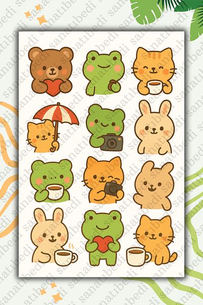 sanatıbedi Cute Frog and Animal Friends Sticker - Decal Sticker for Laptop Tablet Agenda Motor Helmet